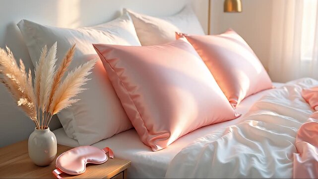 Serene bedroom setting in pink pastel tones with silk pillows and a matching eye mask resting on the nightstand near pampas grass vase. Warm morning sunlight streams through the window