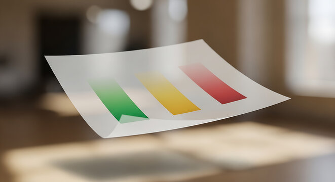 Floating white paper with three colored bars in a bright interior