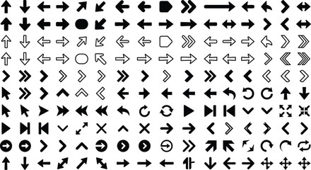 Fototapeta premium Directional Arrow Icon Mega Set Featuring Navigation Pointers Media Player Controls Interface Symbols And Solid Silhouette Outline Graphics Vector Illustration