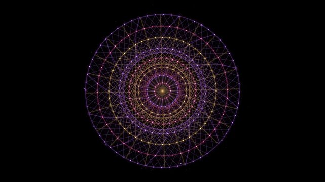 Vibrant Symmetrical Particle Swirl Mandala on Black Background