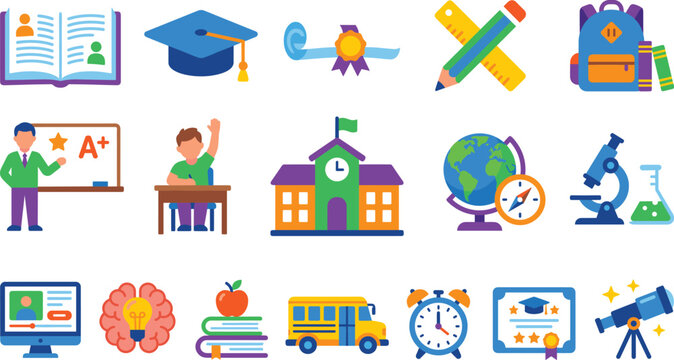 School Education Academic Icon Set Featuring Graduation Cap Classroom Teaching Supplies School Bus Science Lab Equipment And Flat