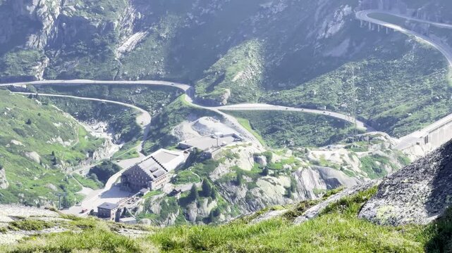 Elevated view over the winding hairpin bends of the Grimsel Pass road