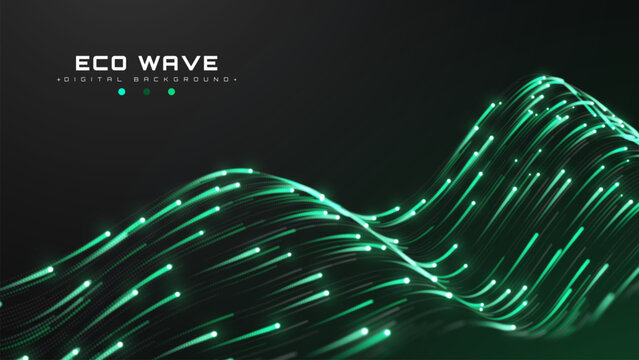 Green Energy Flow Background, Modern Technology Eco Wave With Digital Data Cyber Network. Fast Glow Neon Particle Curve Graphic Design And Bright Light Future. Vector Illustration.