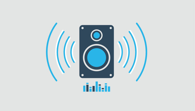 Sound speaker cabinet emitting vibrant audio waves with a small music equalizer bar underneath on a grey background.