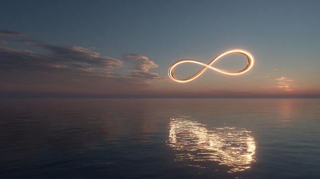 A glowing infinity symbol hovering above a tranquil ocean at sunset.
