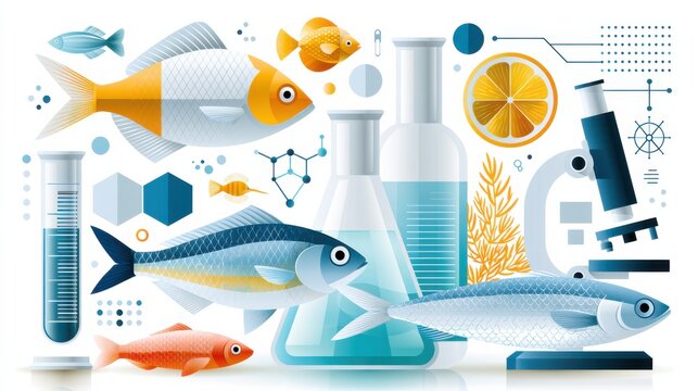 An illustration of various fishes in a science lab with beaker and microscope