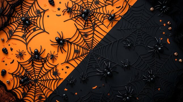 Halloween background with black spider webs and plastic spiders on a split orange and black surface