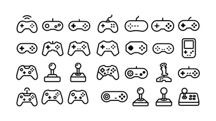 Various gaming controllers and joysticks for video games on computers and consoles  multiple designs and styles  black outlines on white background © CHANCHALA  SARKAR