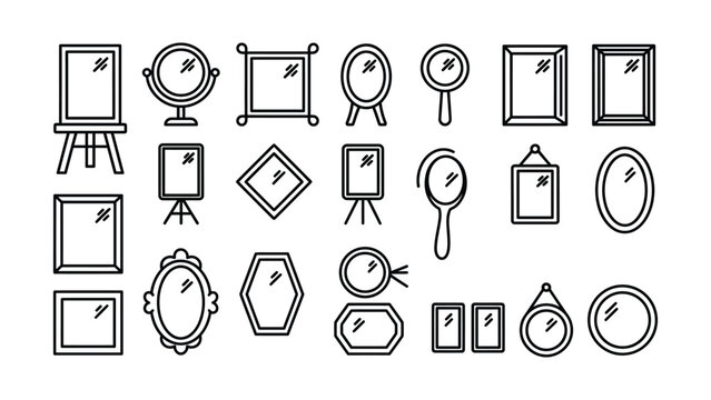 Collection of various picture frames and mirrors in different shapes and sizes on transparent background