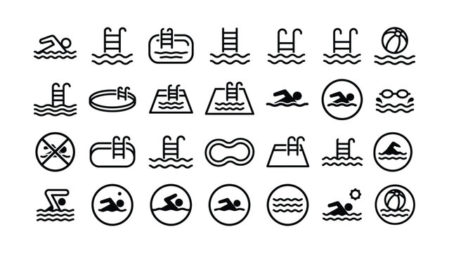 Set of black line icons for swimming pool and water sport activities on white transparent background