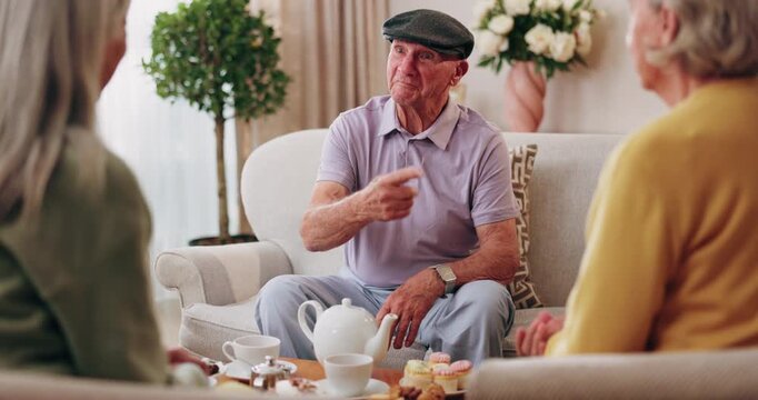 Friends, conversation and bonding with old man in home to relax together or share story at reunion. Retirement, people and speaking in living room for socializing, advice or gathering at house visit