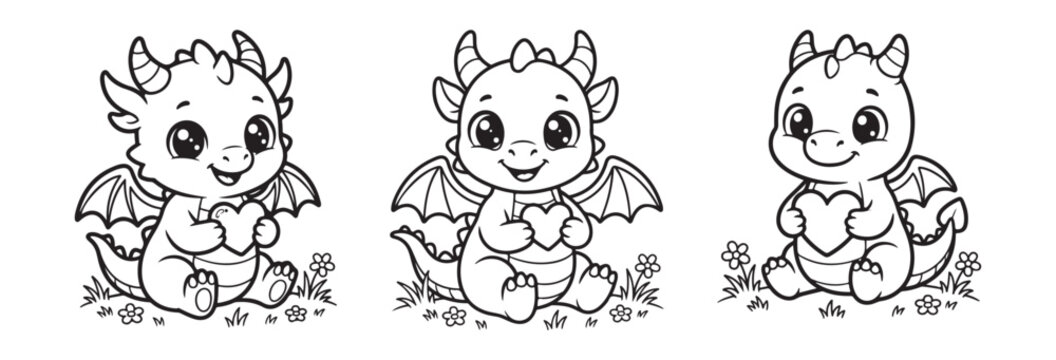Cute baby dragon coloring page set, 3 adorable cartoon dragons holding hearts, black and white fantasy creature line art for kids activity book