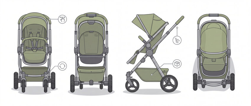 Baby stroller blueprint vector infographic showing front, back, side, and top views in a clean olive green color scheme, ideal for user manuals, product catalogs, and parenting guides