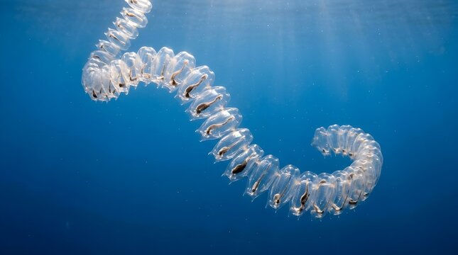 Long chain of transparent salps drifting in deep blue ocean water