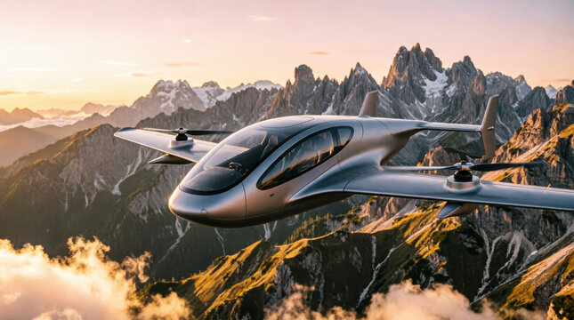 A vtol air taxi flies above majestic mountains. This air taxi travels through clouds, showcasing advanced technology and modern design in scenic landscapes.