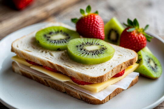 Classic healthy vegetarian breakfast sandwich toast cheese, kiwi fruit and strawberry AI Generative
