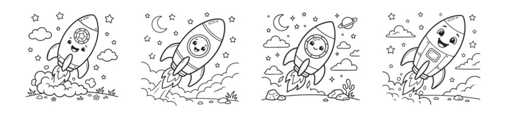 Obraz premium Kawaii rocket ship coloring page set, cute cartoon spaceship flying in space vector illustrations, 4 black and white space travel scenes for kids