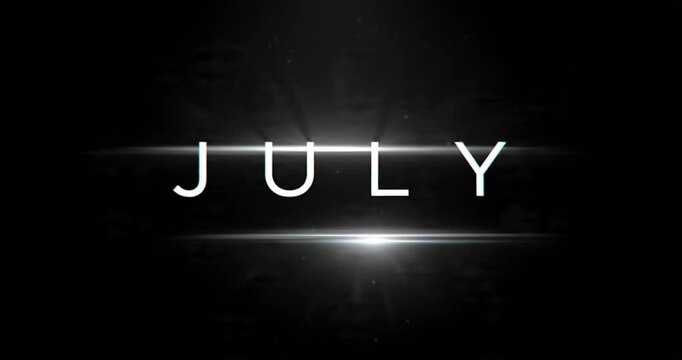 Slow motion digital july word kinetic typography pack with a collection of 3 variants featuring sleek white text and a glowing white light transition overlay