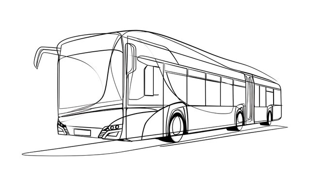 Modern articulated bus sketch on white background.