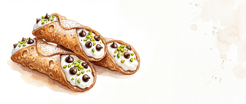 Watercolor sweet italian cannoli set with crispy pastry shells, creamy ricotta filling, chocolate chips, and pistachios on a white background, ideal for bakery menus and food branding