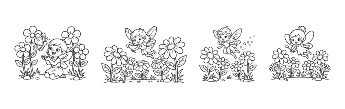 Cute garden fairy coloring page set, little magical forest fairies with flowers line art, 4 whimsical character illustrations for kids