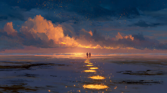 A glowing trail of footsteps leading to a horizon bathed in light, symbolizing the promise of a journey fulfilled.(3)