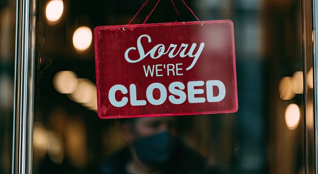 Red "Sorry We're Closed" sign hangs on a glass door, with blurry lights and a masked person behind