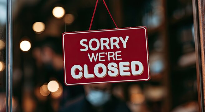 Red "Sorry We're Closed" sign hangs on a glass door