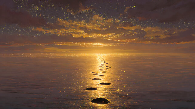 A glowing trail of footsteps leading to a horizon bathed in light, symbolizing the promise of a journey fulfilled.
