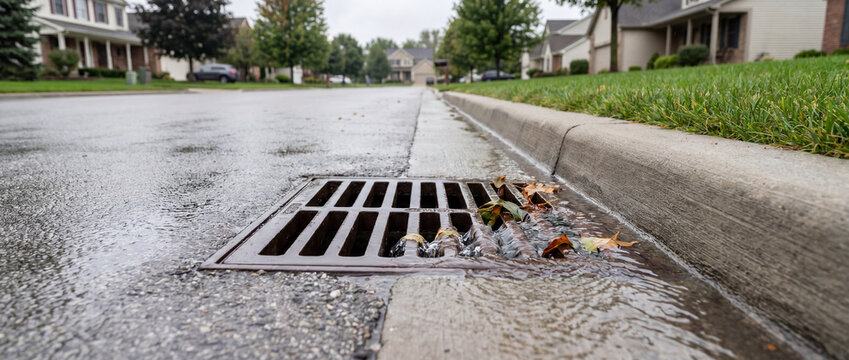 Clean storm drain on wet street with flowing rainwater and autumn leaves in a quiet suburban neighborhood, ideal for municipal infrastructure and seasonal weather concepts