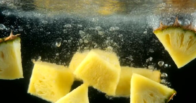 Fresh Pineapple Chunks Dropping into Clear Water Creating Bubbles.
