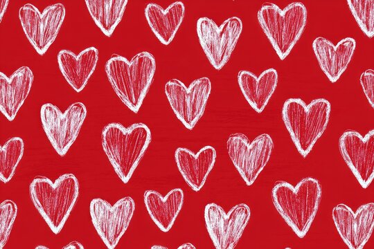 Hand-drawn white hearts scattered across a vibrant red textured background