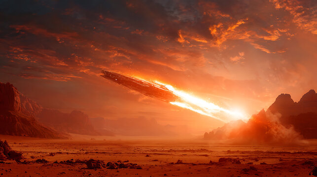 A glowing spacecraft crash-landing on an alien planet, creating a fiery trail.