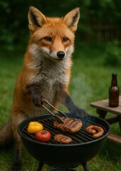 Fototapeta premium Fox grilling sausages and steak.