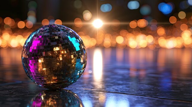 Sparkling sphere with vibrant pink and cyan reflections on a textured surface, bokeh lights afar