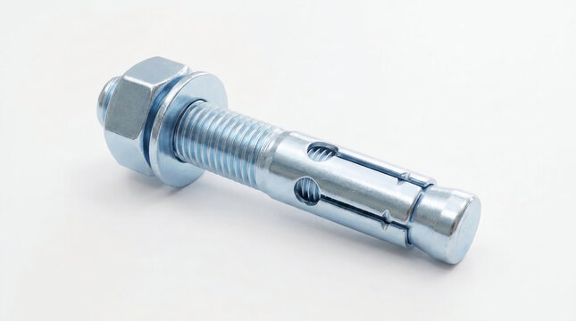 Steel expansion anchor bolt with hex nut and washer for heavy-duty construction and industrial fastening on white background