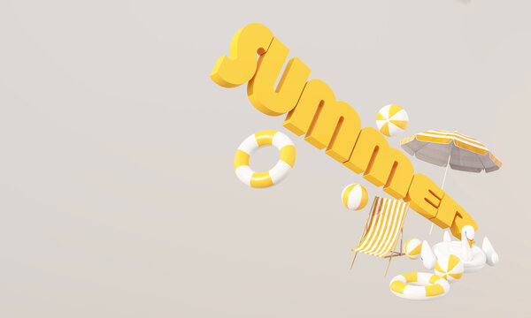3D summer sale background with yellow text, beach umbrella, deck chair, inflatable floats and large copy space for promotion.