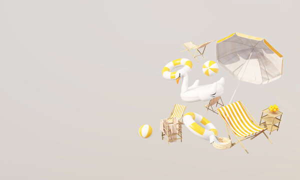 Minimal summer vacation background with swan pool float, beach chairs, umbrella, balls and yellow white decorations for travel promotion.