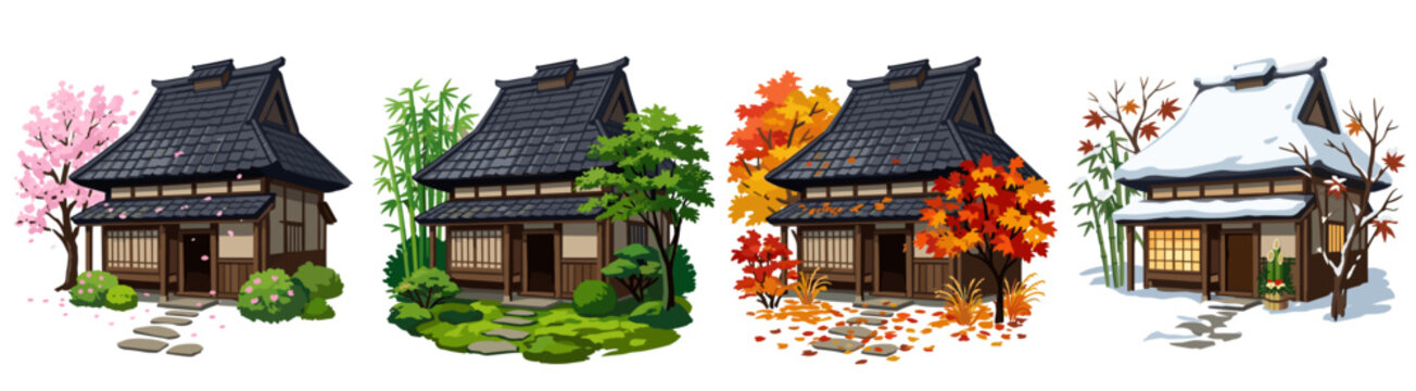 Traditional Japanese house showcasing intricate timber craftsmanship adapts beautifully to the shifting seasons.