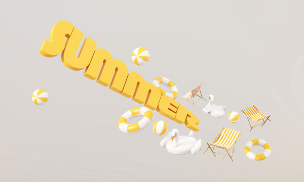 Bright summer promotion background with large yellow summer text, beach floats, swan inflatable, chairs and holiday decorations.