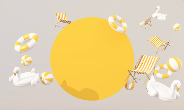 Summer product display background with large yellow circle, inflatable swans, beach balls, striped chairs and copy space for promotion.