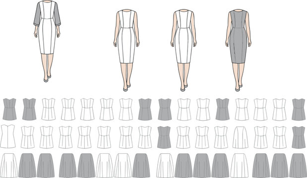 Fashion technical sketch of womens sheath dress design options with bodice and skirt variations