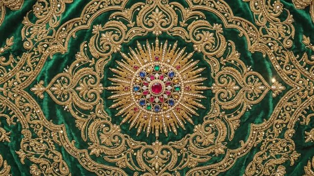 Green and gold oriental embroidery with gemstones.