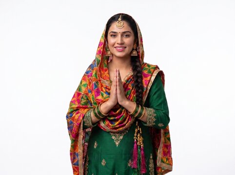 Smiling Punjabi Woman Greeting with Sat Sri Akal on White Background