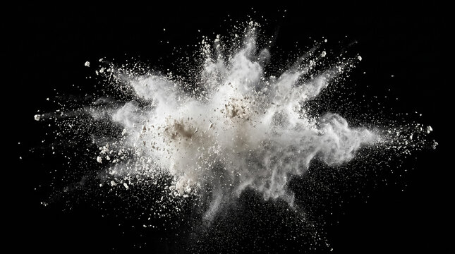White flour explosion splash cloud, isolated on black background.