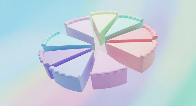 3D rendering of pastel colored pie chart slices arranged in a circle