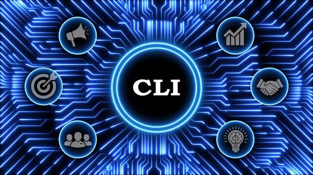 Cli acronym central text digital circuit board background with glowing interface.