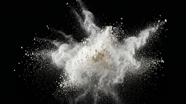 White flour explosion splash cloud, isolated on black background.
