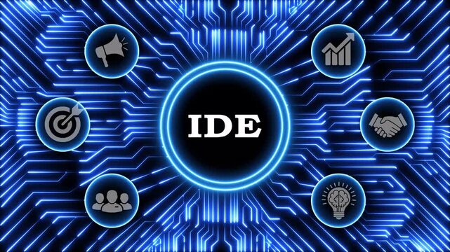 Integrated development environment concept with futuristic circuit background.