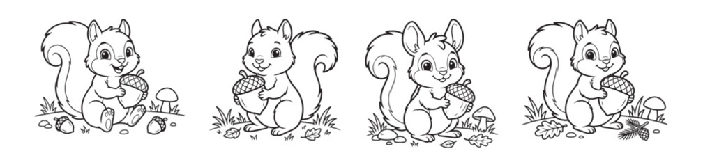 Obraz premium Cute squirrel coloring page set, 4 cartoon squirrel characters with acorns and mushrooms, black and white forest animal line art vector